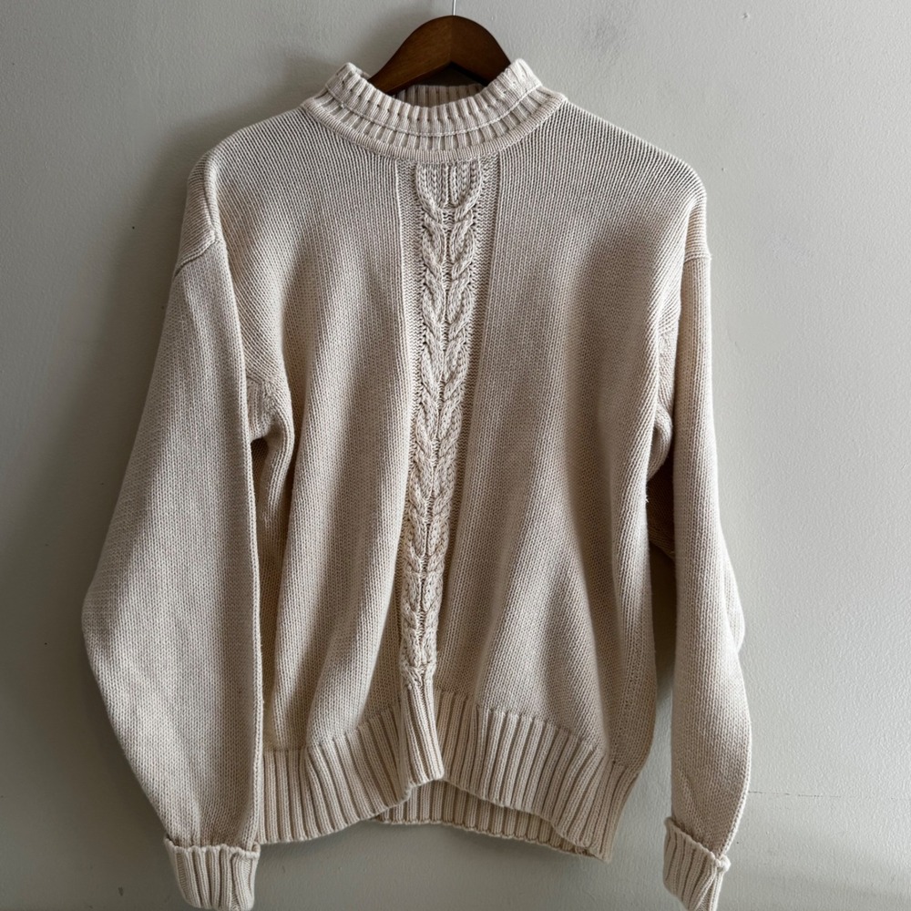 Talbots VTG Women's M Cream Cable Knit Mock Neck 100% Cotton Sweater Fisherman